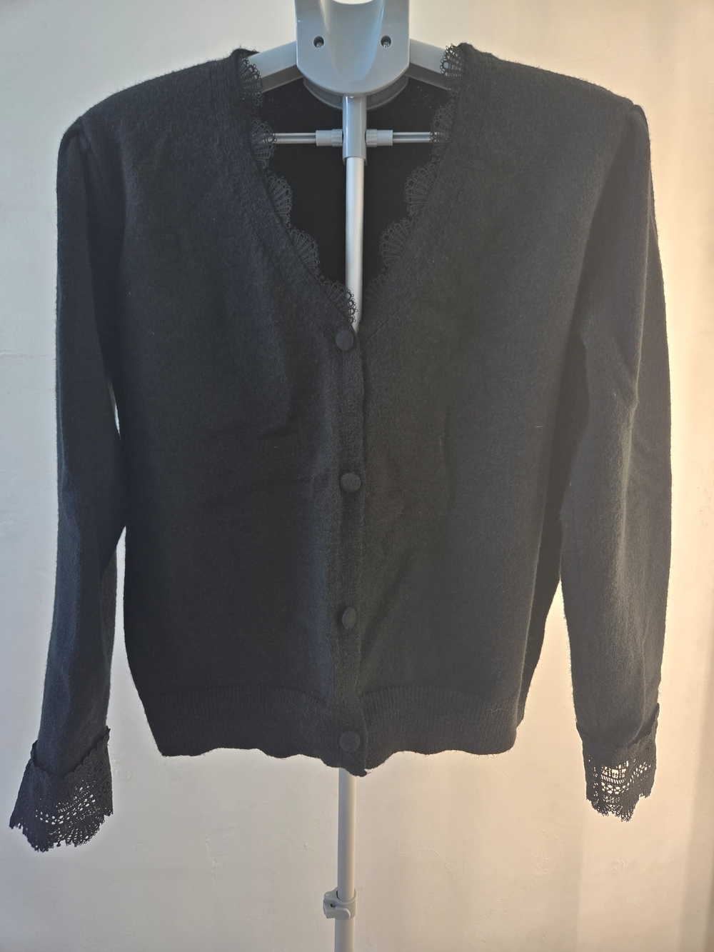 Black Lace-Trim Cardigan Sweater - Women